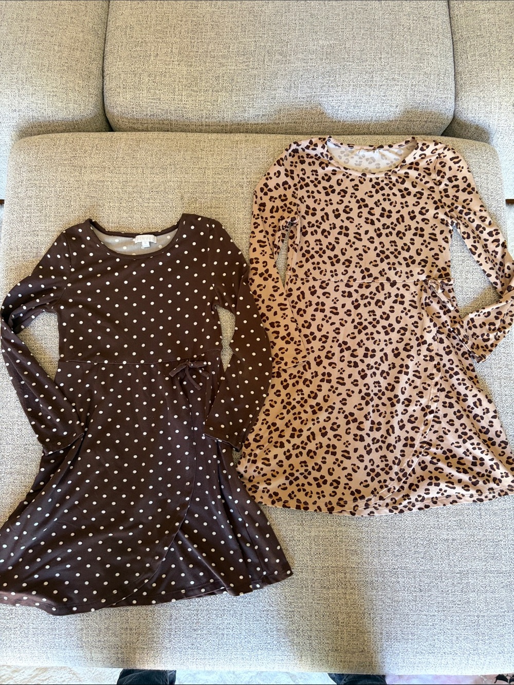 Girl size 6 Long-Sleeve Brown Polka Dot & Tan Leopard Dresses